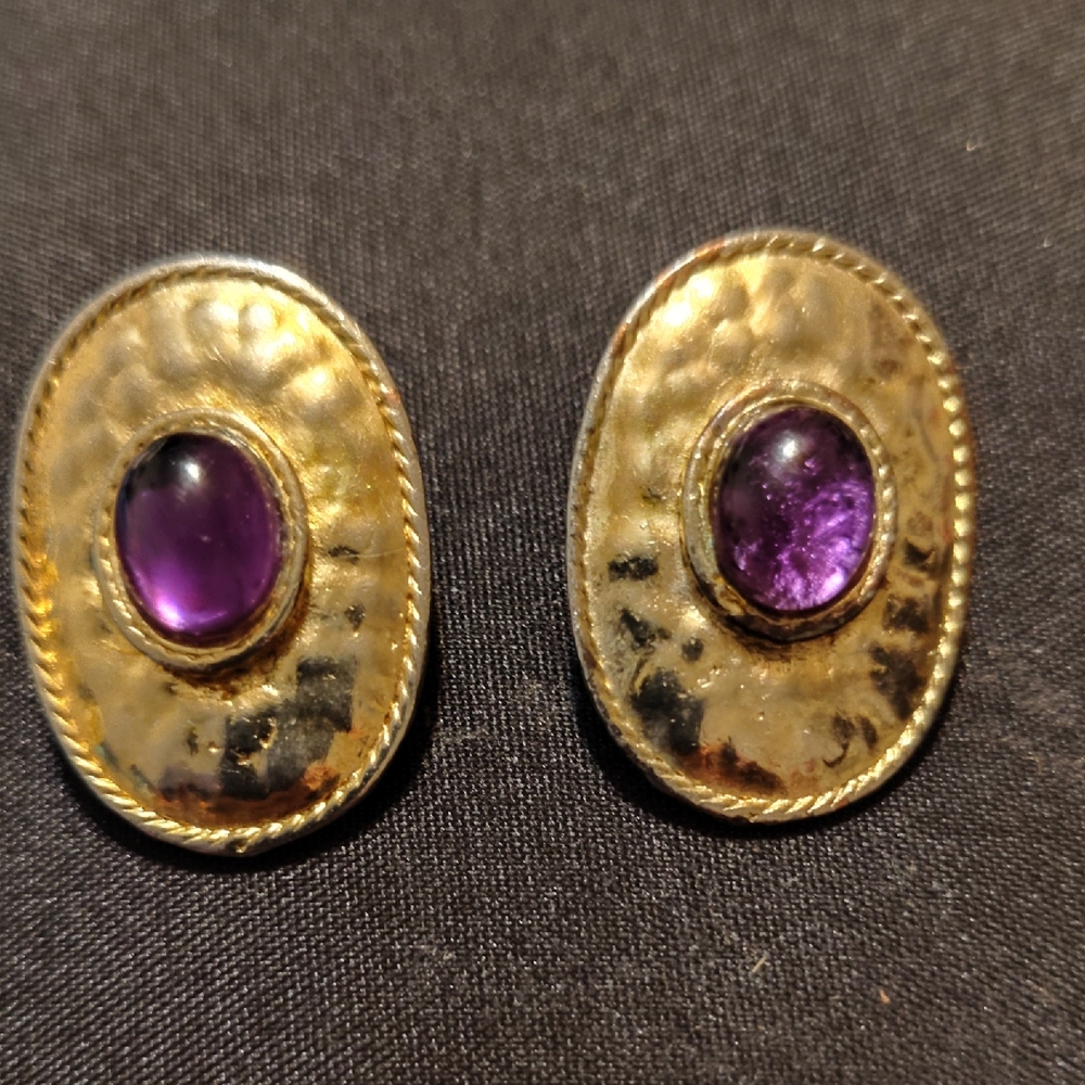 Vintage Gold Tone & Amethyst Oval Clip On Earrings